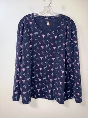 Blue Mountain Navy Pink Floral Long Sleeve Round Neck Tee Plus Size 2X